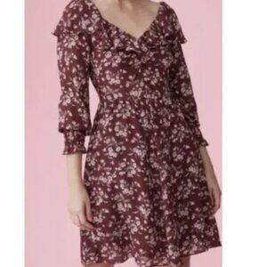 Rebecca Taylor Floral Silk Ruffle Long Sleeve Knee Length Dress Size 2